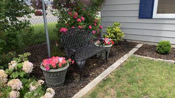 Un jardin avec un banc en métal, des plantes en pot et un petit arbre.