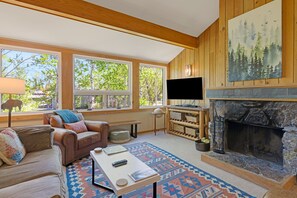 TV, fireplace, DVD player, books