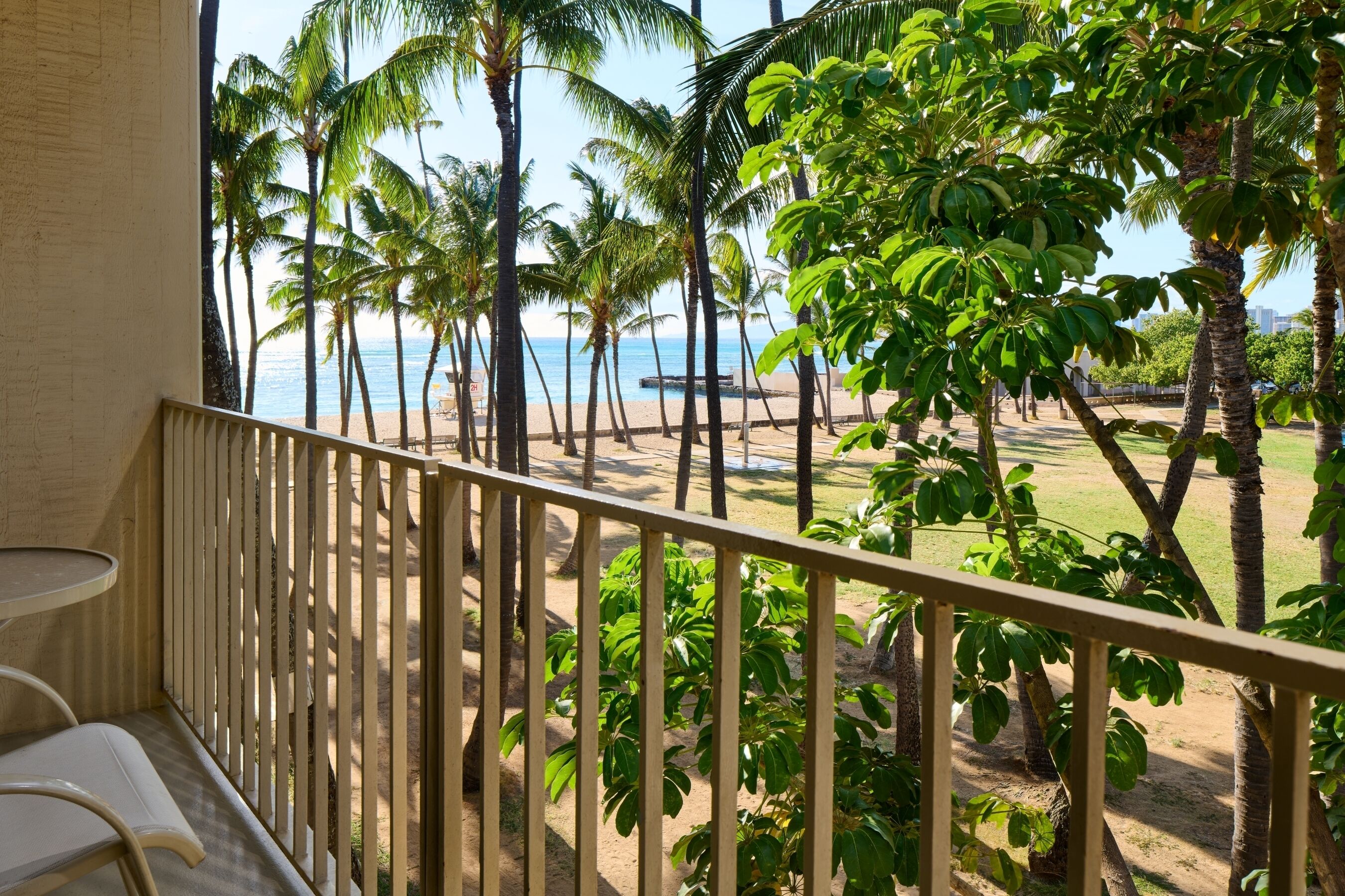 A balcony with a view of a beach and palm trees.