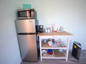 Fridge, microwave, coffee/tea maker, electric kettle