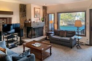 Televisio, takka, DVD-soitin, musiikkikirjasto