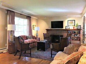 Smart TV, chimenea y libros 