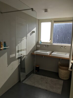 Shower, hair dryer, towels, toilet paper