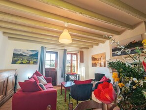 TV, fireplace, books