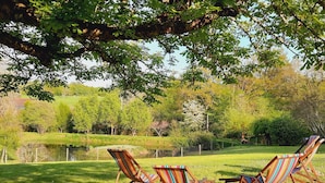 Un espace extérieur verdoyant, avec trois chaises longues à rayures et une petite table, entouré d’arbres et d’un étang.