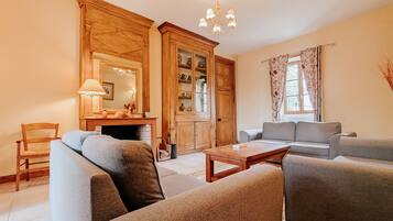 Télévision, cheminée, espaces bureaux