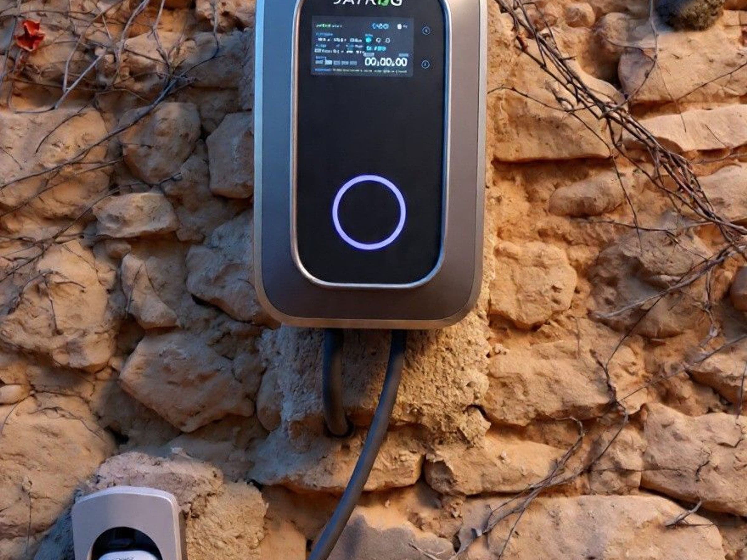 A portable charging station with a digital display, connected to a cable, placed on a rocky surface.