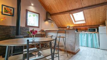 Een gezellige keuken met een houten plafond, een eettafel met stoelen, een magnetron en een koelkast.