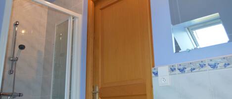 A bathroom with a wooden door, a glass shower enclosure, and a tiled wall with a blue pattern.