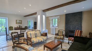 TV, fireplace, foosball