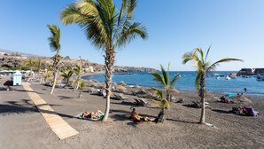 Una playa con palmeras, un paseo de madera y gente relajándose.