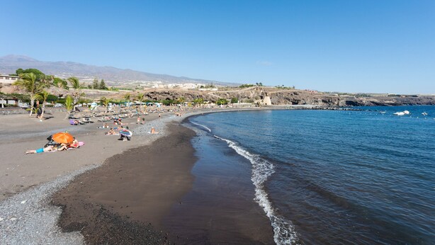 Una playa con una orilla curvada, palmeras y un cielo azul despejado.