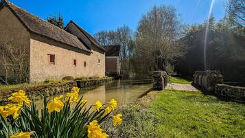 A rustic building with a thatched roof, a narrow water channel, and a grassy area with yellow flowers.