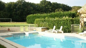 Une piscine dotée de chaises longues et d’une structure à toit de chaume.