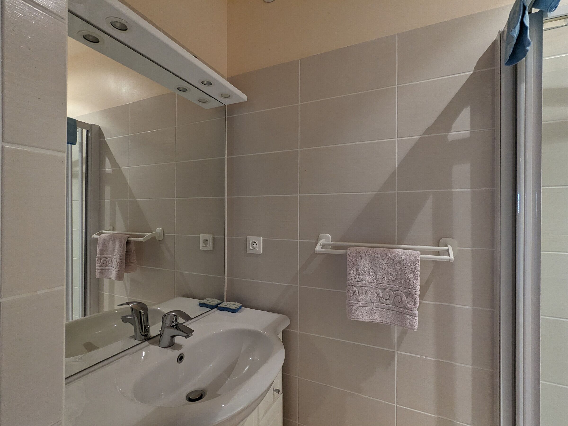 Une salle de bain équipée d’un lavabo, d’un miroir, d’un porte-serviettes et d’une zone douche.