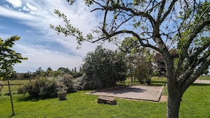 Ein grünes Parkgelände mit einem gepflasterten Platz, Bäumen und blauem Himmel.