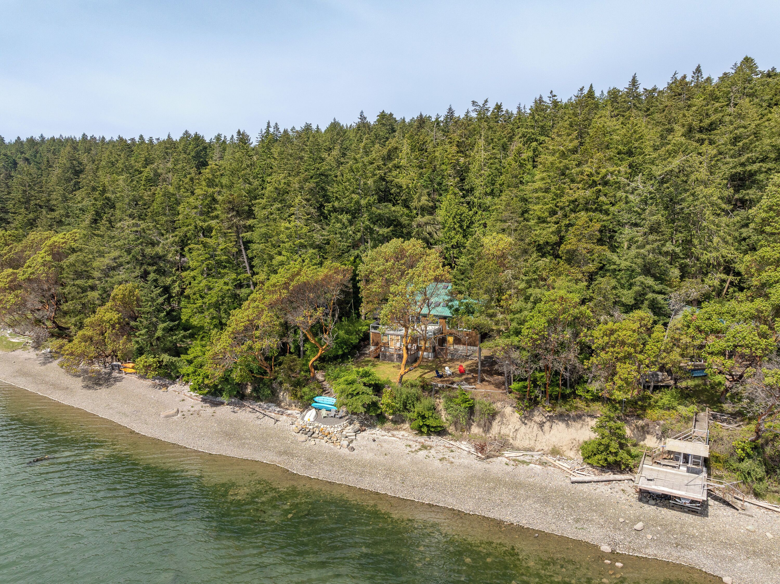 A secluded cabin surrounded by dense forest, a small dock, and a clear view of the lake.