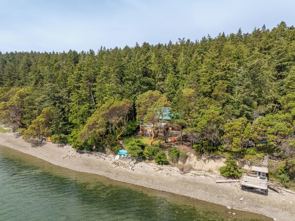 A secluded cabin surrounded by dense forest, a small dock, and a clear view of the lake.