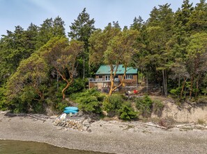 Escape to a secluded cabin nestled in a lush forest, surrounded by dense trees and a rocky shoreline.