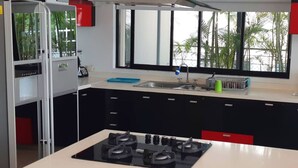 Una cucina moderna con piano cottura a gas, frigorifero e una finestra vista palme.