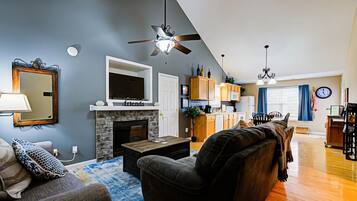 TV, fireplace, DVD player, books