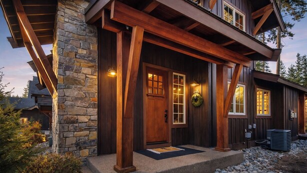 A rustic cabin with a stone foundation, wooden beams, and a front door with a wreath. - 1PM Check In/Out | A Suncadia Escape Where Nothing Feels Rushed! (Cle Elum)