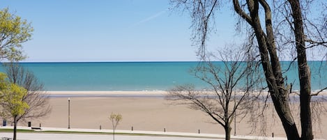 On the beach, sun-loungers, beach towels