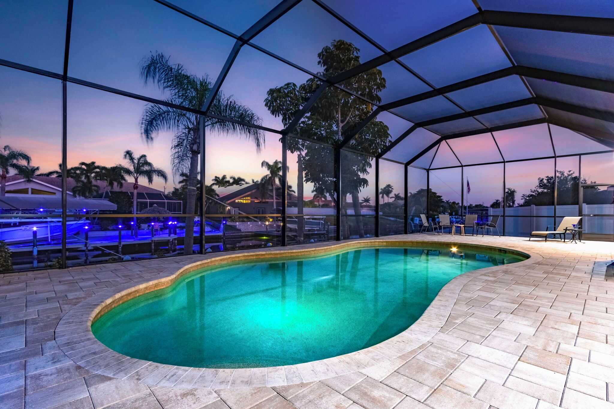 A heated pool, pool loungers