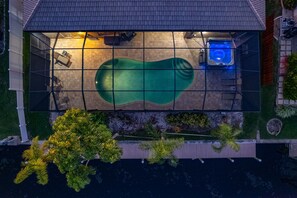 A heated pool, pool loungers