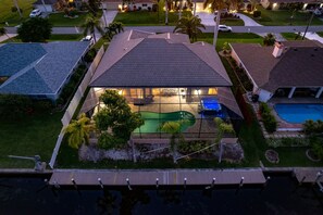 A heated pool, pool loungers