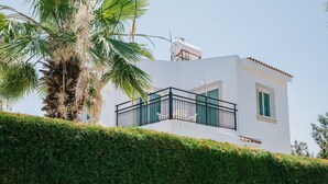 A modern white building with a balcony, a palm tree, and a well-maintained hedge. - Chrysanthemum Villa (Neo Chorio)