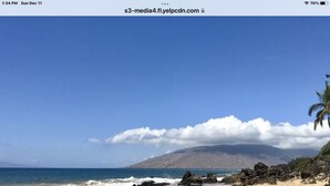 A beach with clear skies, a mountain in the background, and a palm tree on the right. - Beautiful, Family Friendly 2 Br 2Ba Across Street From Beach. (Kihei)