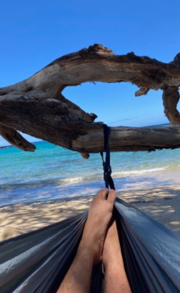 Relax in a hammock suspended between two tree branches, overlooking the calm beach and clear blue water.
