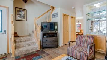 Télévision, cheminée, lecteur de DVD