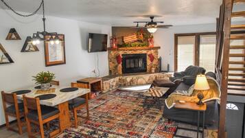 Smart TV, fireplace, books