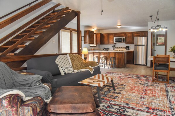 Smart TV, fireplace, books