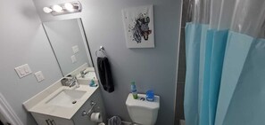Bathroom features a sink, mirror, toilet, and shower, with a towel and wall decor.