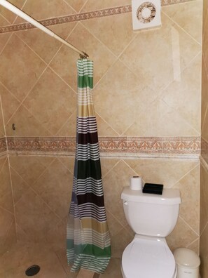 Ein Badezimmer mit Toilette, einer gestreiften Duschvorhang und einem dekorativen Fliesenschmuck.