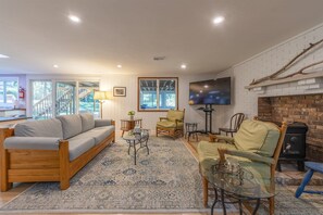 Televisio, takka, DVD-soitin, kirjoja