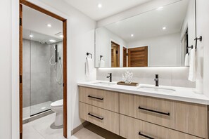 Une salle de bain moderne dotée d’une douche à l’italienne, de toilettes et d’un meuble-lavabo avec un miroir.