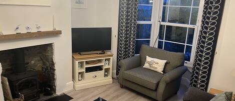 Smart TV, fireplace, video games, DVD player