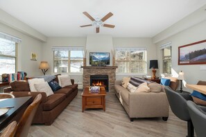 Een televisie, een open haard en een dvd-speler