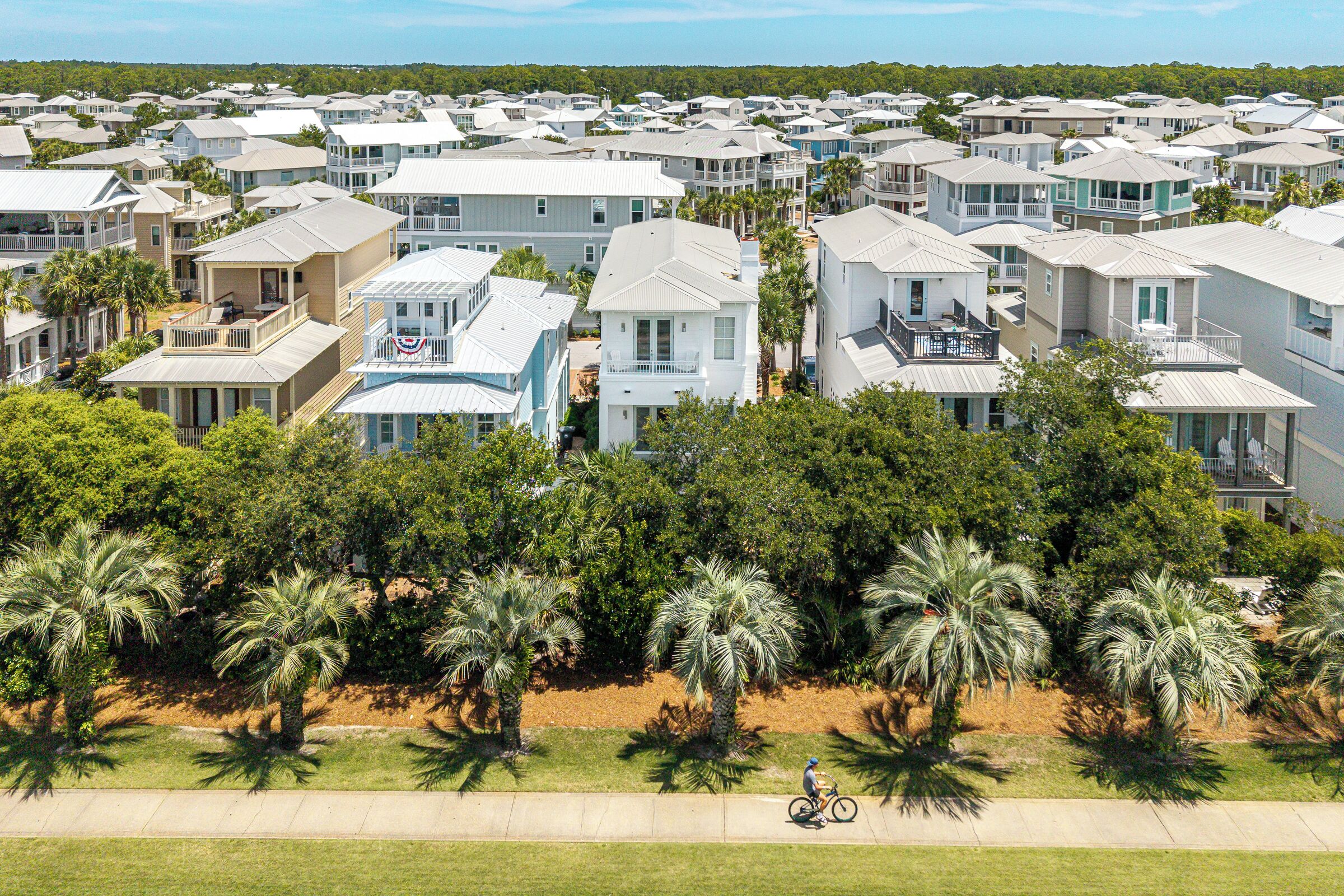 Zona residencial con varias casas de dos pisos, un sendero pavimentado y palmeras.