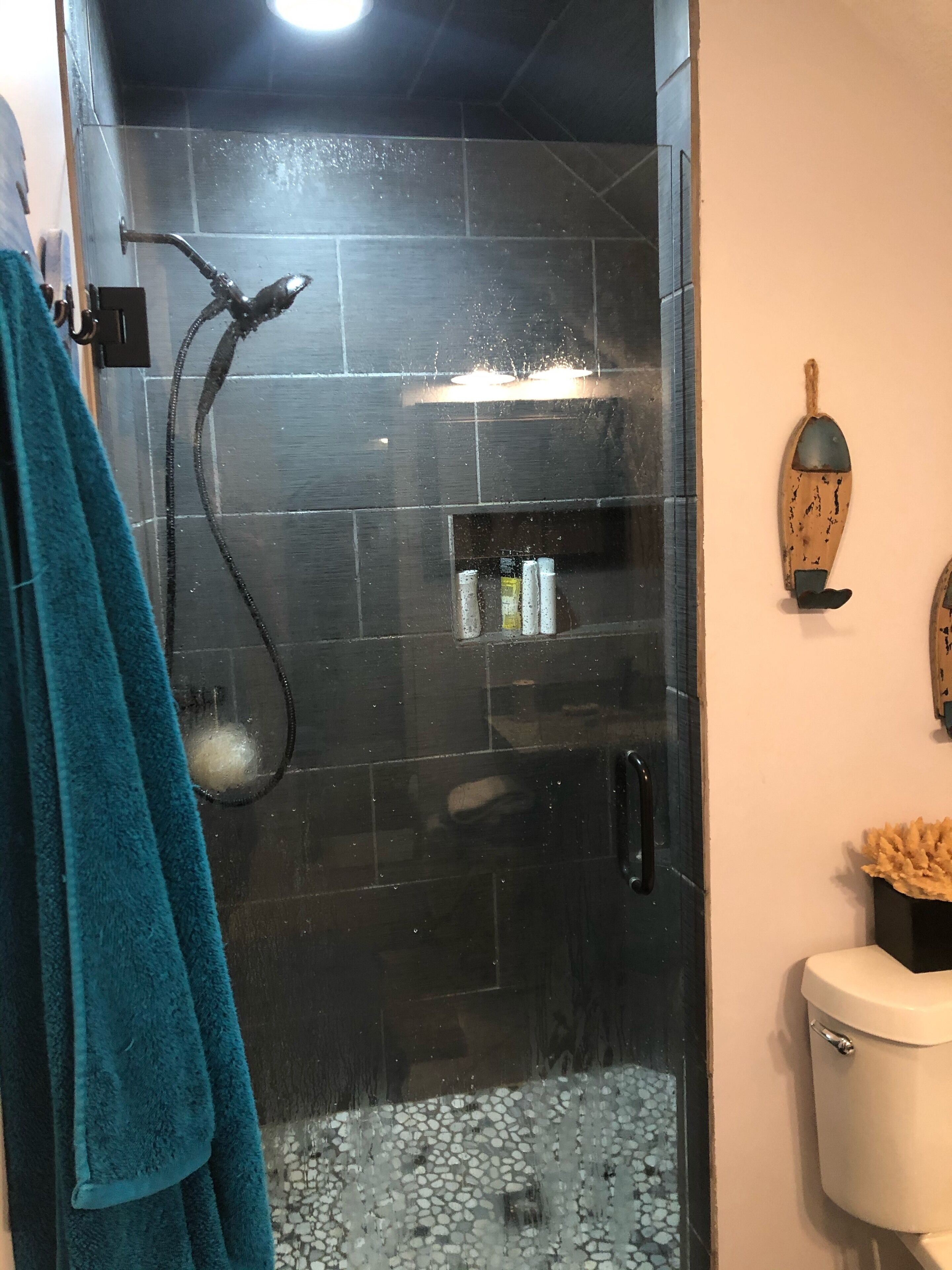 A shower with a glass door, a towel rack, and a toilet.