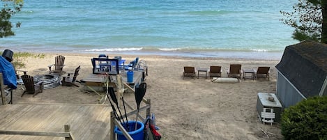 On the beach, sun loungers, beach towels