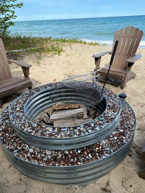 On the beach, sun-loungers, beach towels