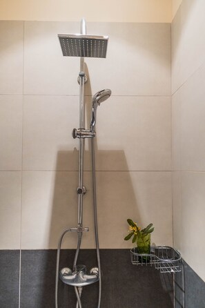 Douche, sèche-cheveux, serviettes fournies, savon