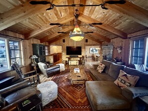 Smart TV, chimenea, reproductor de DVD y estéreo 