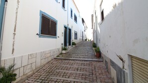 Une ruelle pavée bordée de bâtiments blancs aux volets et aux encadrements bleus.