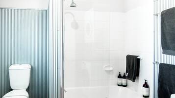 Combined shower/bathtub, hair dryer, towels, soap